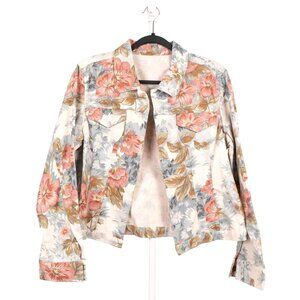 Floral Denim Jacket M Homemade White Pink Blue Front Pockets Open Front Tropical